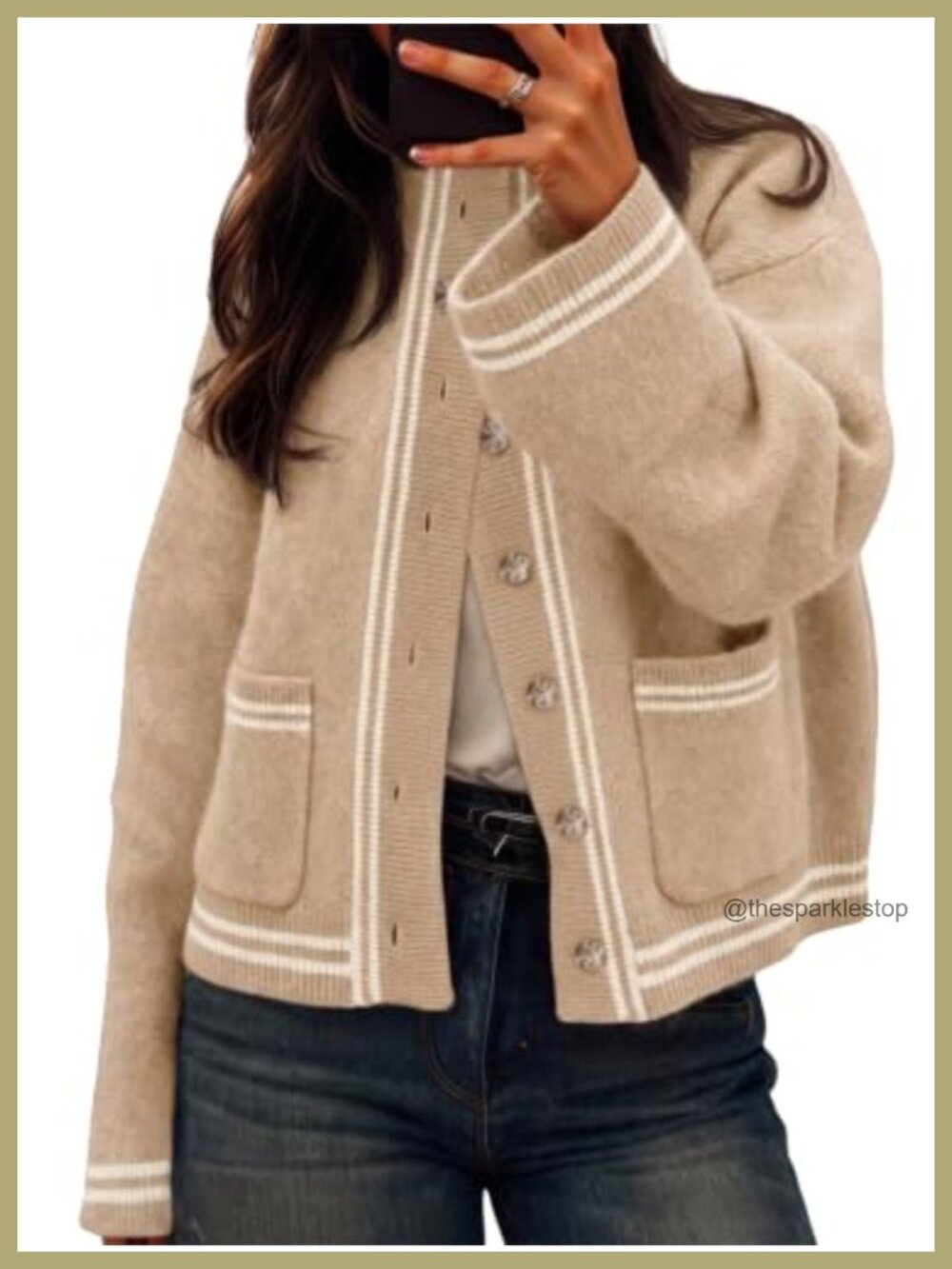 Chunky Knit Cardigan Striped Trim Mock Neck Button Front Pockets